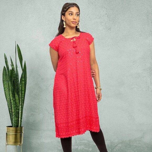 Pink Kurta with Chikankari Details | Muvvas Boutique - Picture 1 of 5